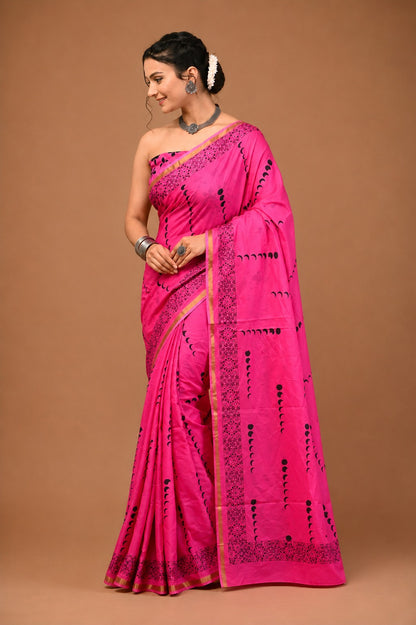 Vibrant Pink Crescent-Motif Saree with Intricate Border