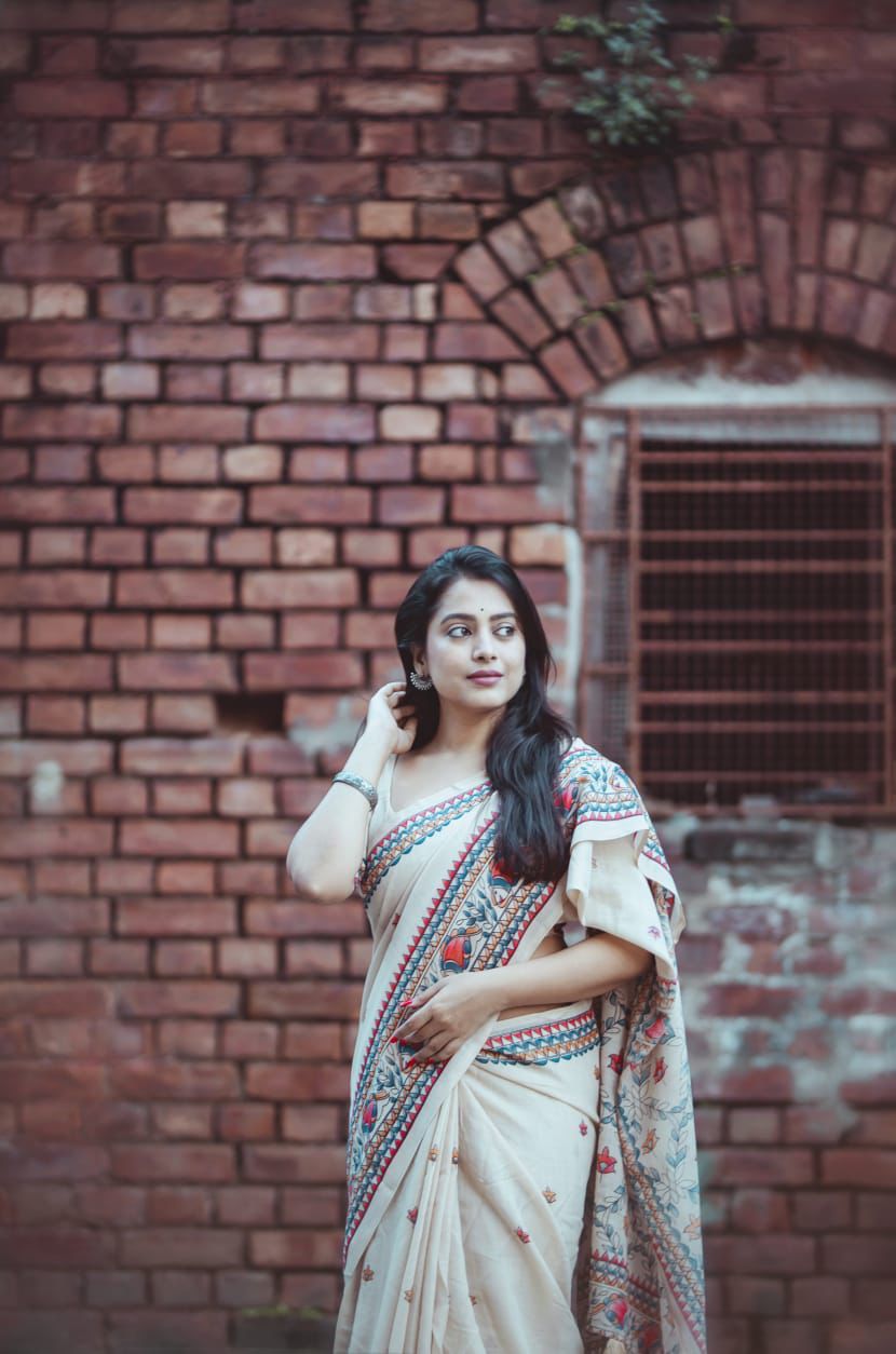 Ivory White Madhubani Style Linen Saree
