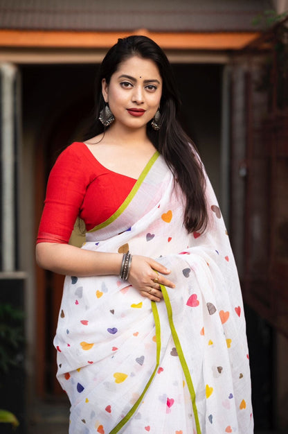 White base with multicolored Hearts Printed Linen Saree