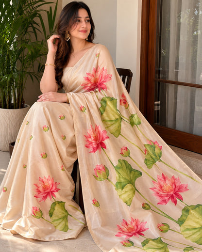 Cream Lotus Painted Erode Silk Saree