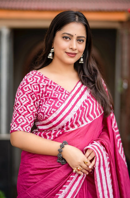 Vibrant Pink Magic Cotton Batik Saree