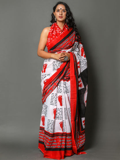 Bold Red Spiritual Motif Printed Saree with Bandhani-Style Blouse