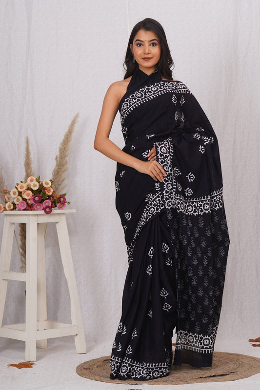 Classic Black and White Floral Batik Saree