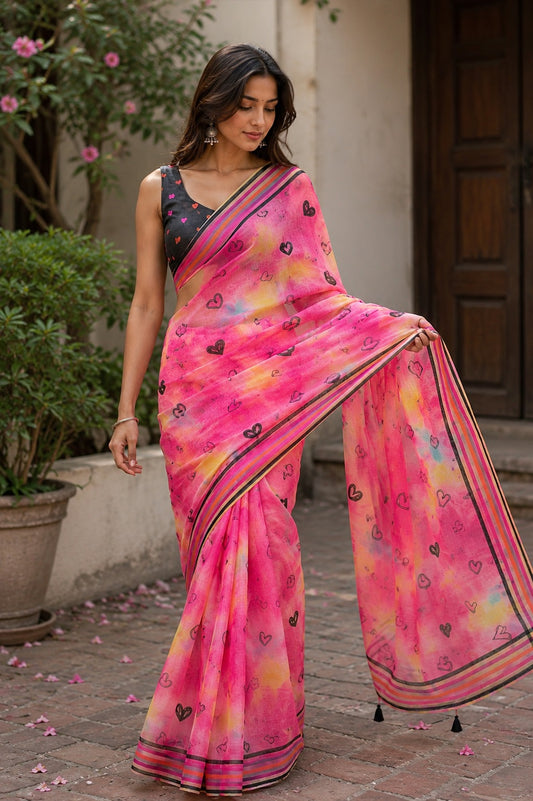 Vibrant Pink Heart-Print Saree with Multicolored Border
