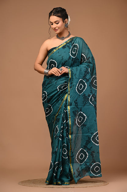 Teal Shibori-Inspired Saree with Gold Border