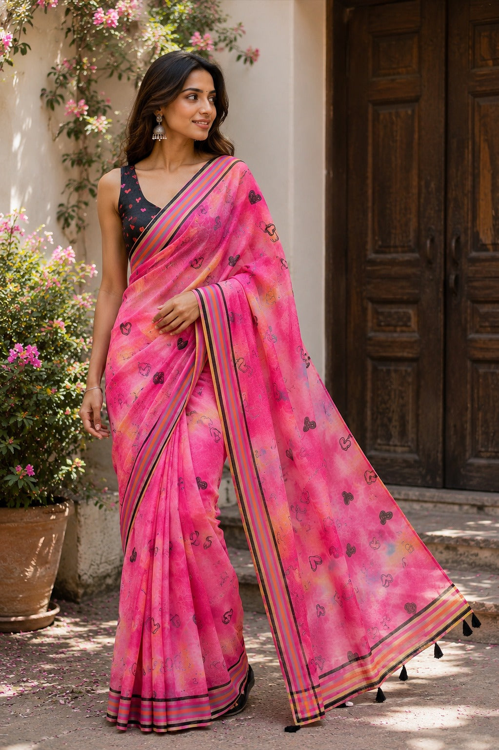 Vibrant Pink Heart-Print Saree with Multicolored Border