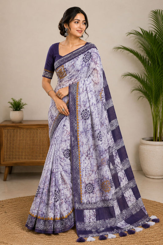 Lavender Hand-Block Printed Chanderi Cotton Saree