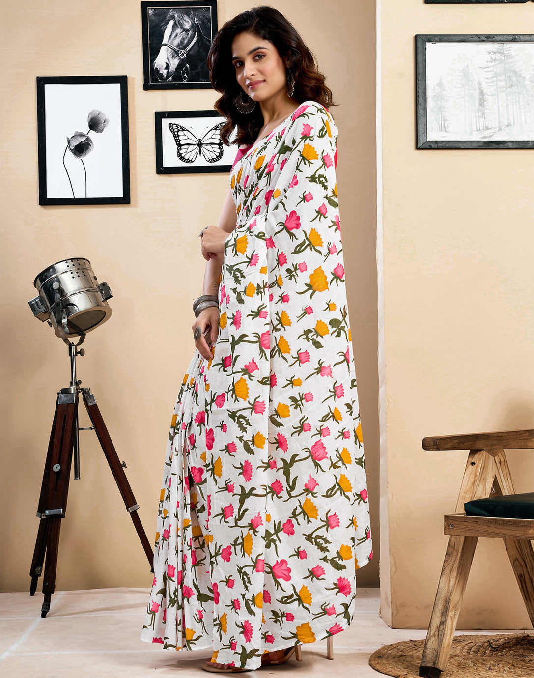White Floral Printed Saree with Vibrant Pink Accents