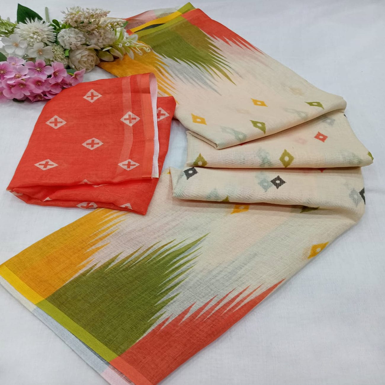 Off-White Ikat-Patterned Saree with Multicolored Accents