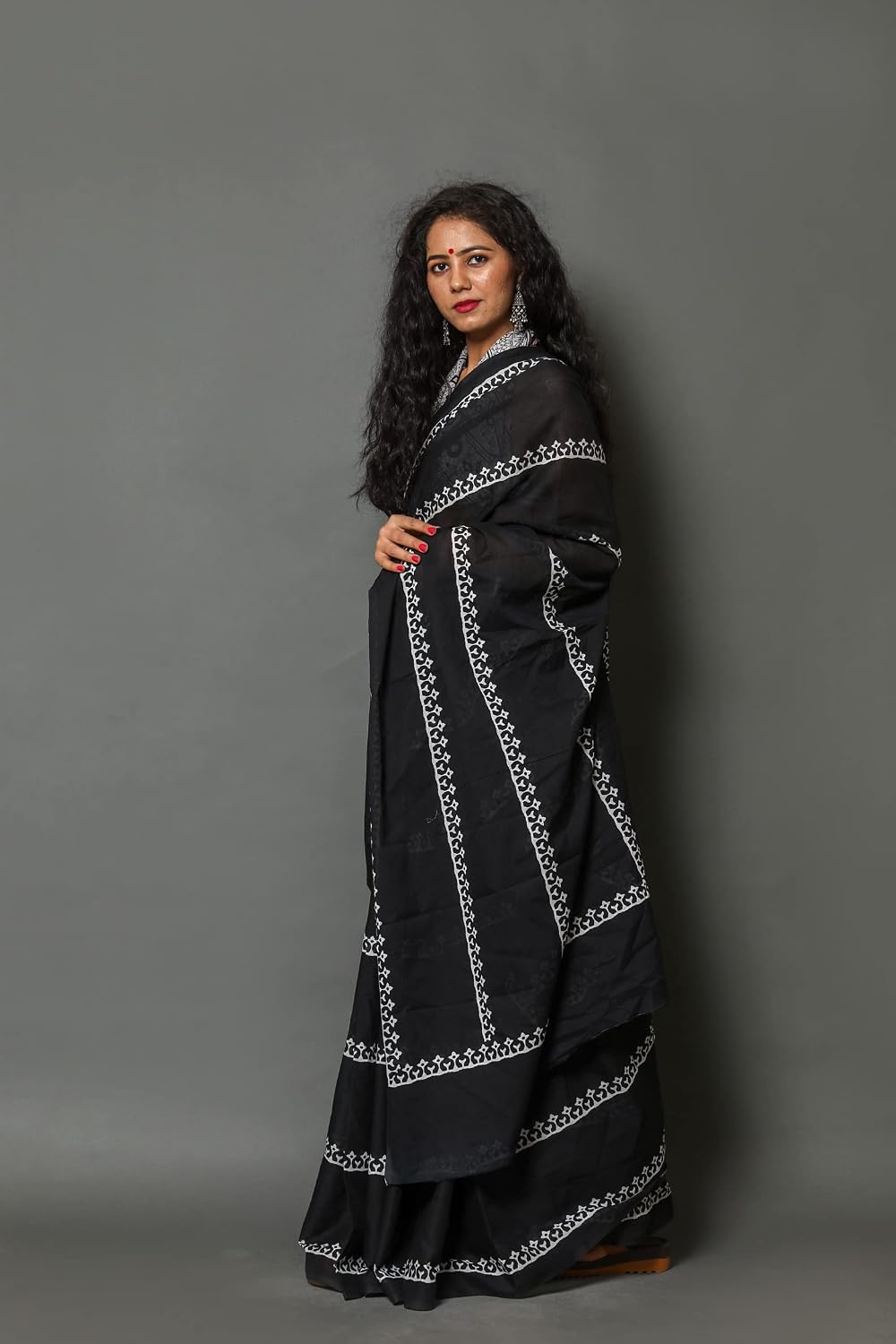 Classic Black and White Block-Printed Saree