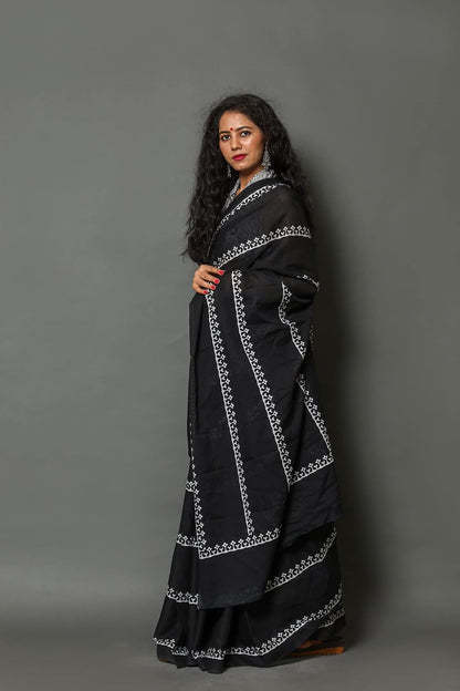 Classic Black and White Block-Printed Saree