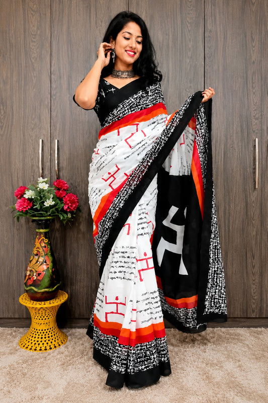 White and Black Saree with Script Print