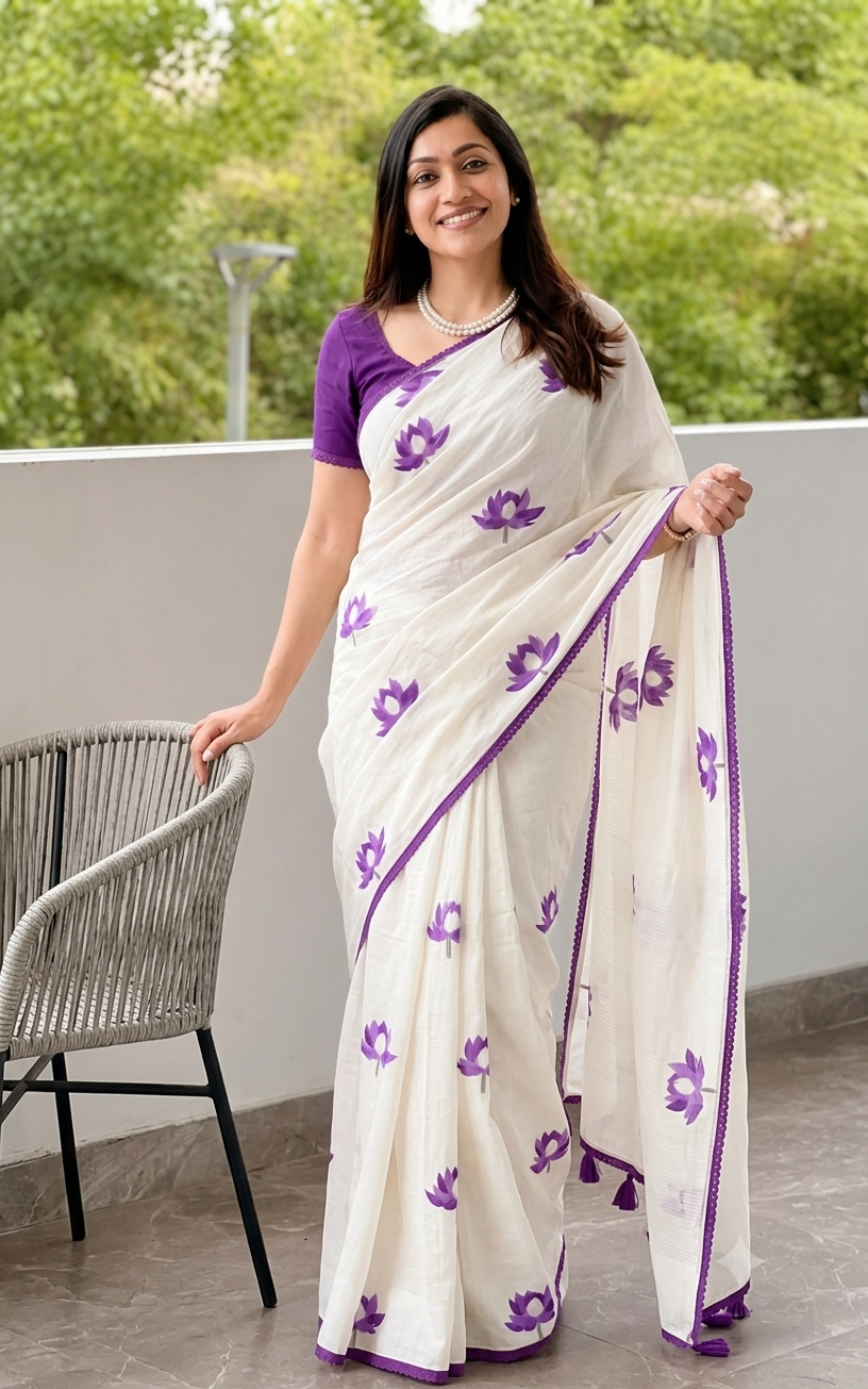Ivory White & Royal Purple Linen Saree with Lotus Design