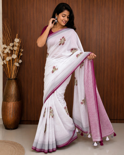 White Linen Saree with Magenta Floral Print