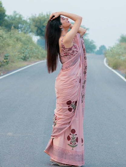 Pastel Pink Floral Printed Saree with Matching Blouse