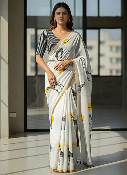 Whimsical White Saree with Giraffe and Sun Print