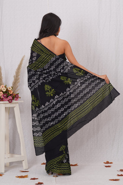 Black and Lime Green Abstract Printed Saree