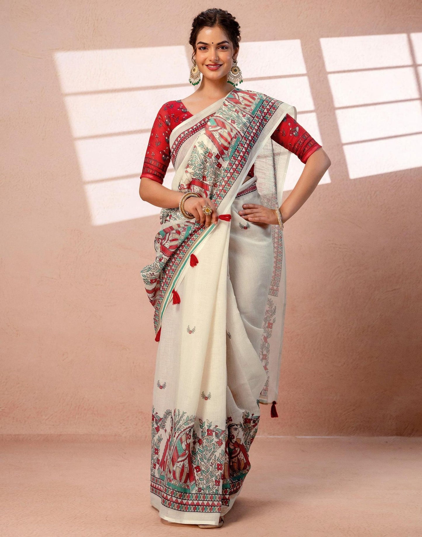 Off-White Linen Saree with Red and Teal Folk Art Print