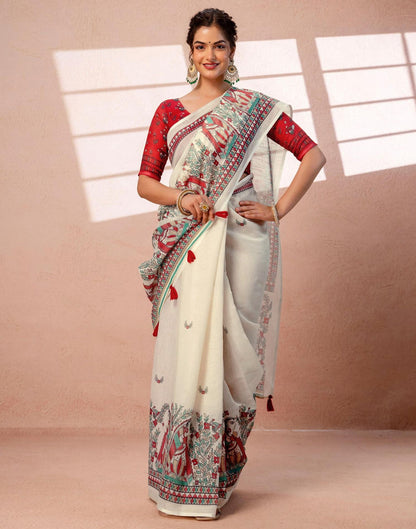 Off-White Linen Saree with Red and Teal Folk Art Print