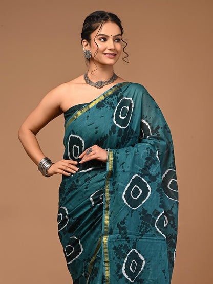 Teal Shibori-Inspired Saree with Gold Border