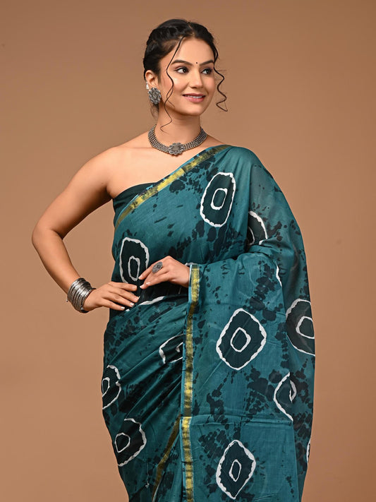 Teal Shibori-Inspired Saree with Gold Border