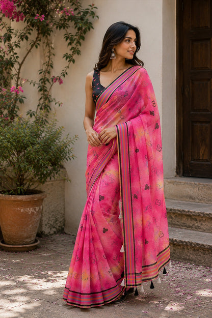 Vibrant Pink Heart-Print Saree with Multicolored Border