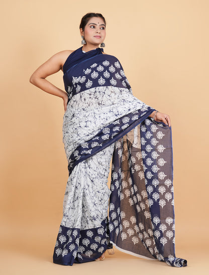 Navy Blue and White Batik-Style Saree