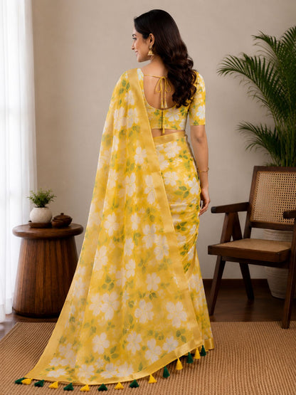 Vibrant Yellow Floral Saree with Tassel Detail