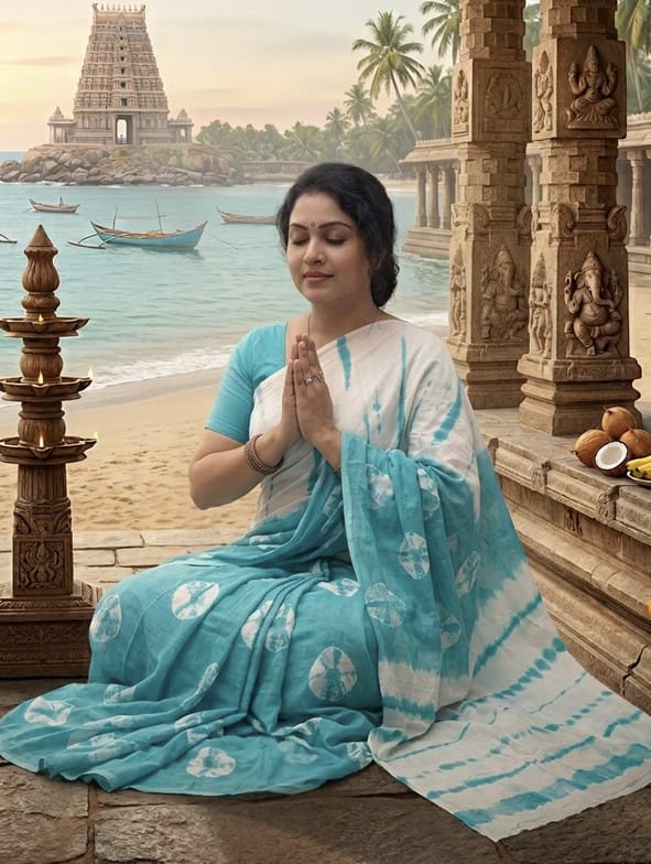 Turquoise and White Tie-Dye Saree with Shibori Motifs