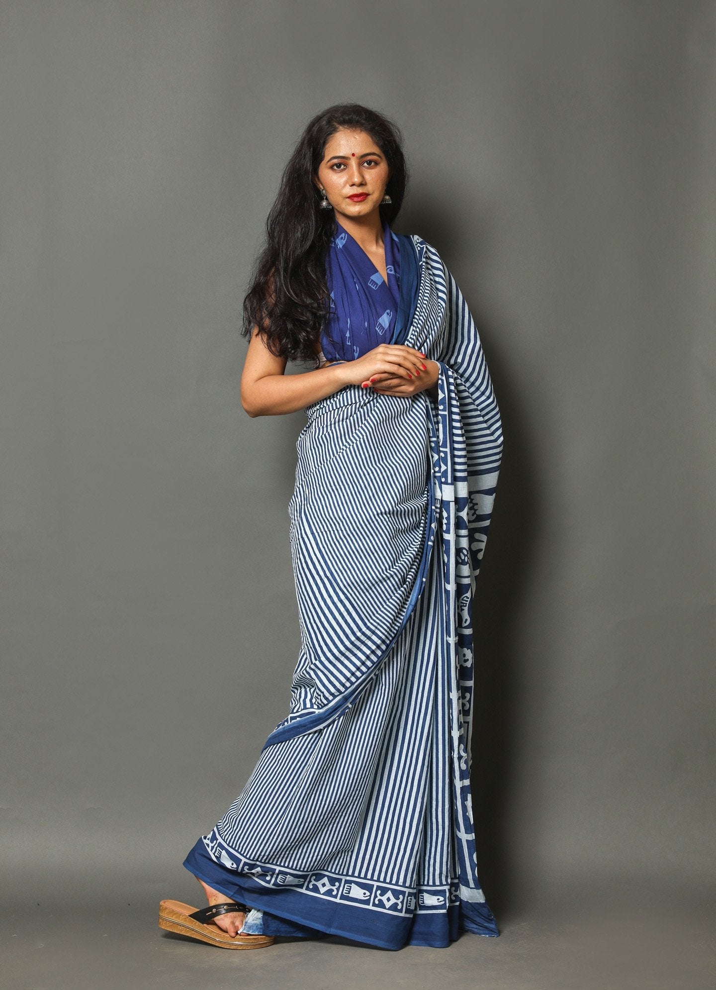 Indigo and White Striped Block-Printed Saree