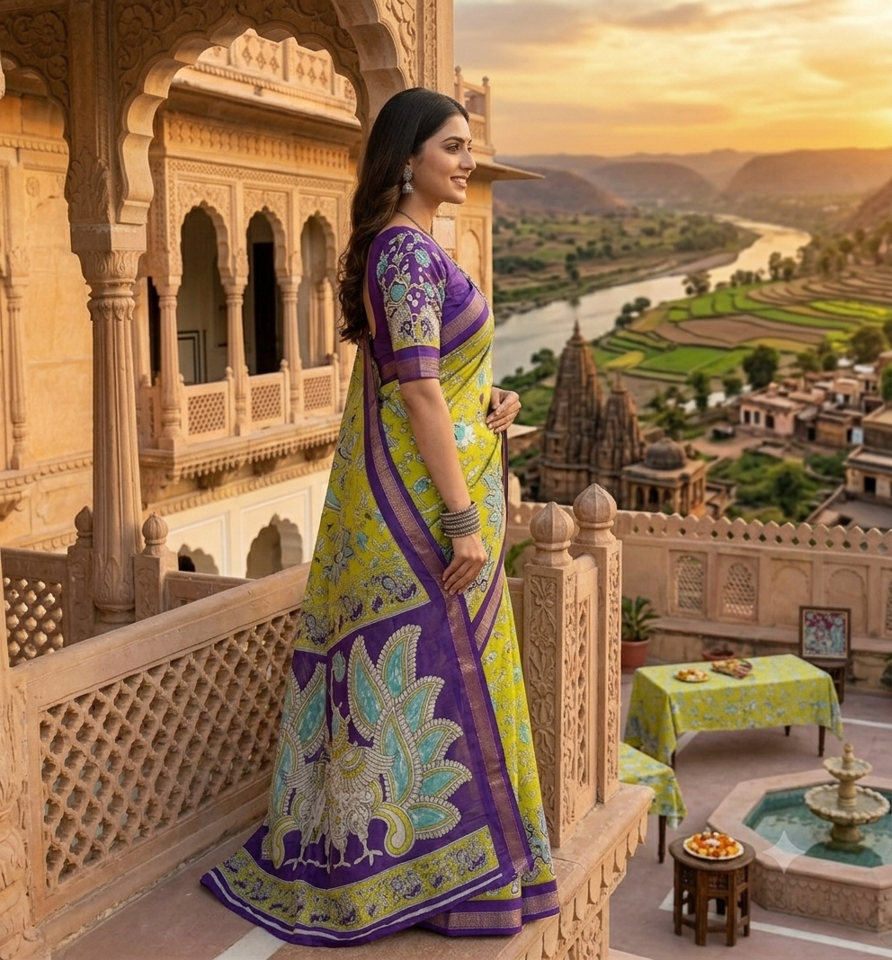 Lime Green and Purple Floral Saree with Peacock Pallu