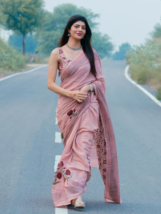 Pastel Pink Floral Printed Saree with Matching Blouse
