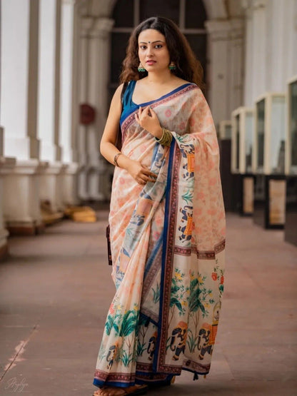 Cream Floral Printed Saree with Traditional Elephant Motifs
