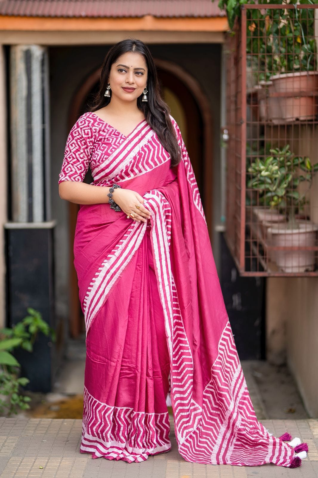 Vibrant Pink Magic Cotton Batik Saree