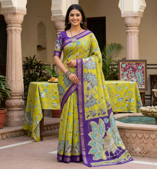 Lime Green and Purple Floral Saree with Peacock Pallu
