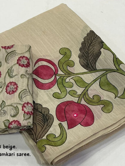 Beige Kalamkari Saree with Floral Hand-Paint Detail