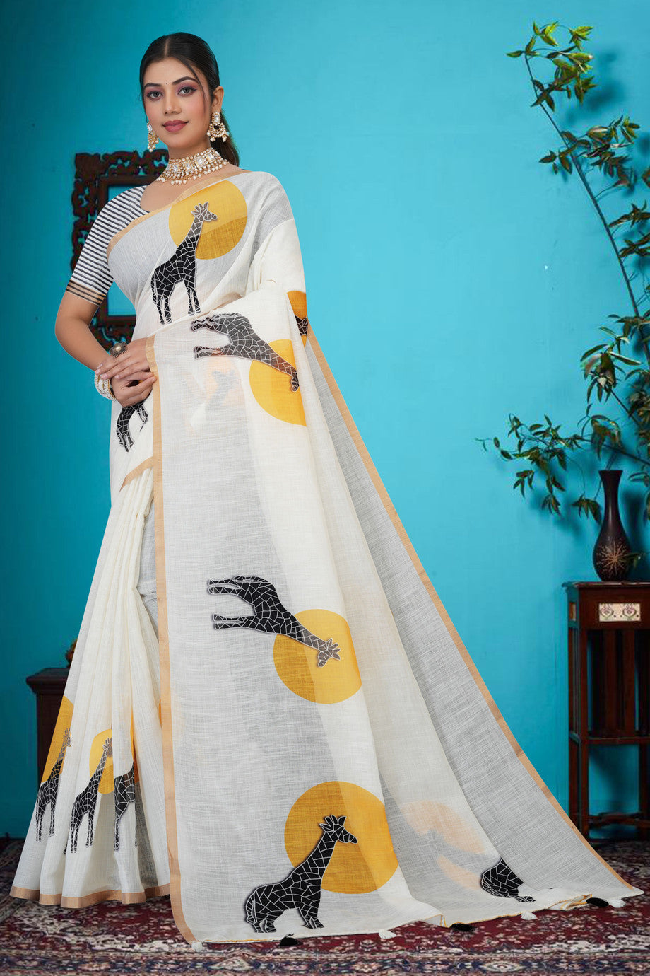 Whimsical Giraffe Motif Saree with Striped Blouse