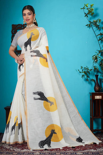 Whimsical Giraffe Motif Saree with Striped Blouse