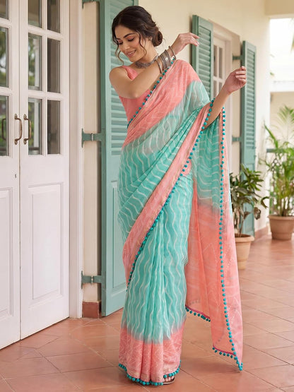 Aqua Blue and Peach Saree with Pom-Pom Lace