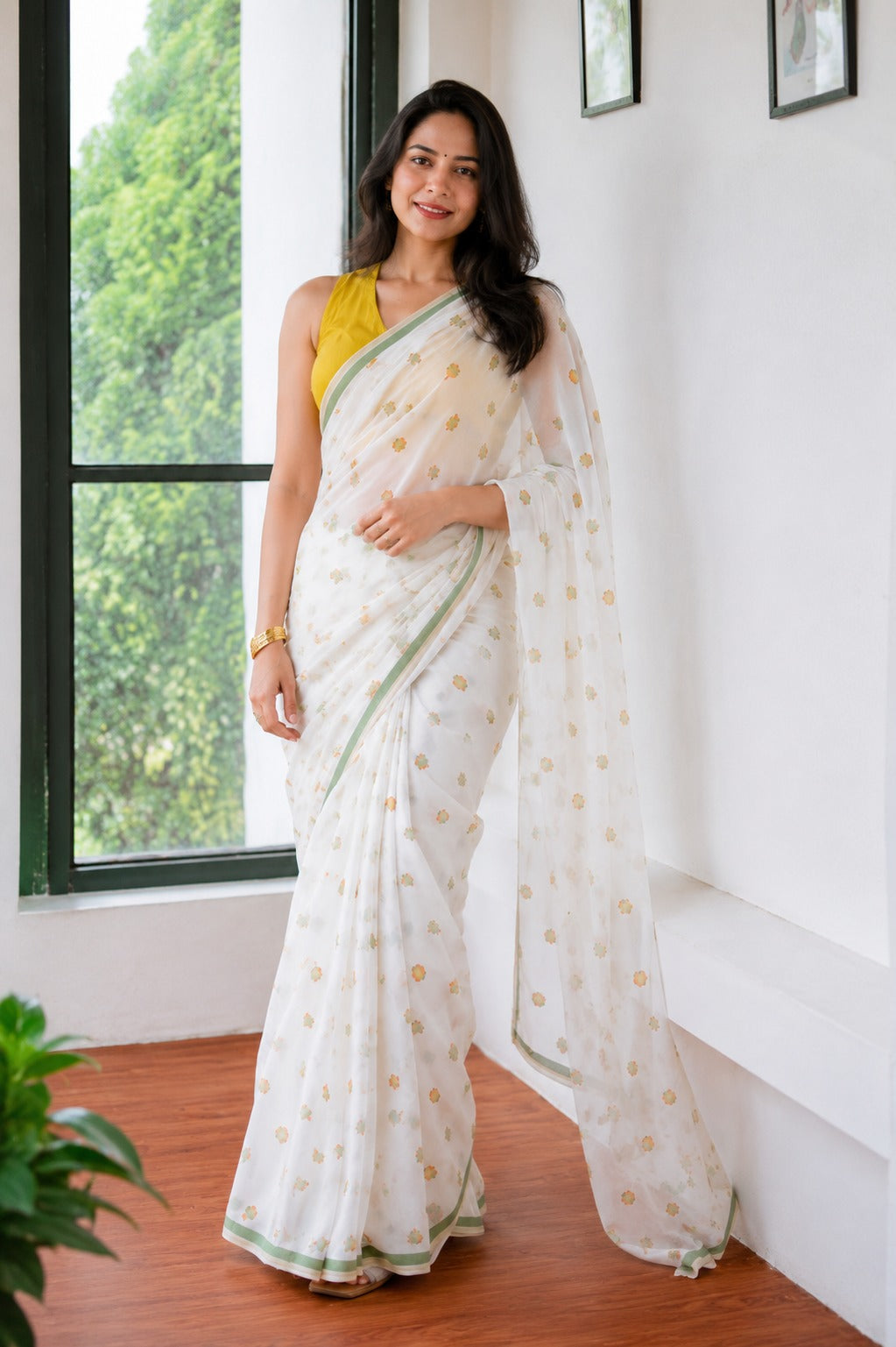 Off-White Floral Embroidered Saree with Olive Green Border
