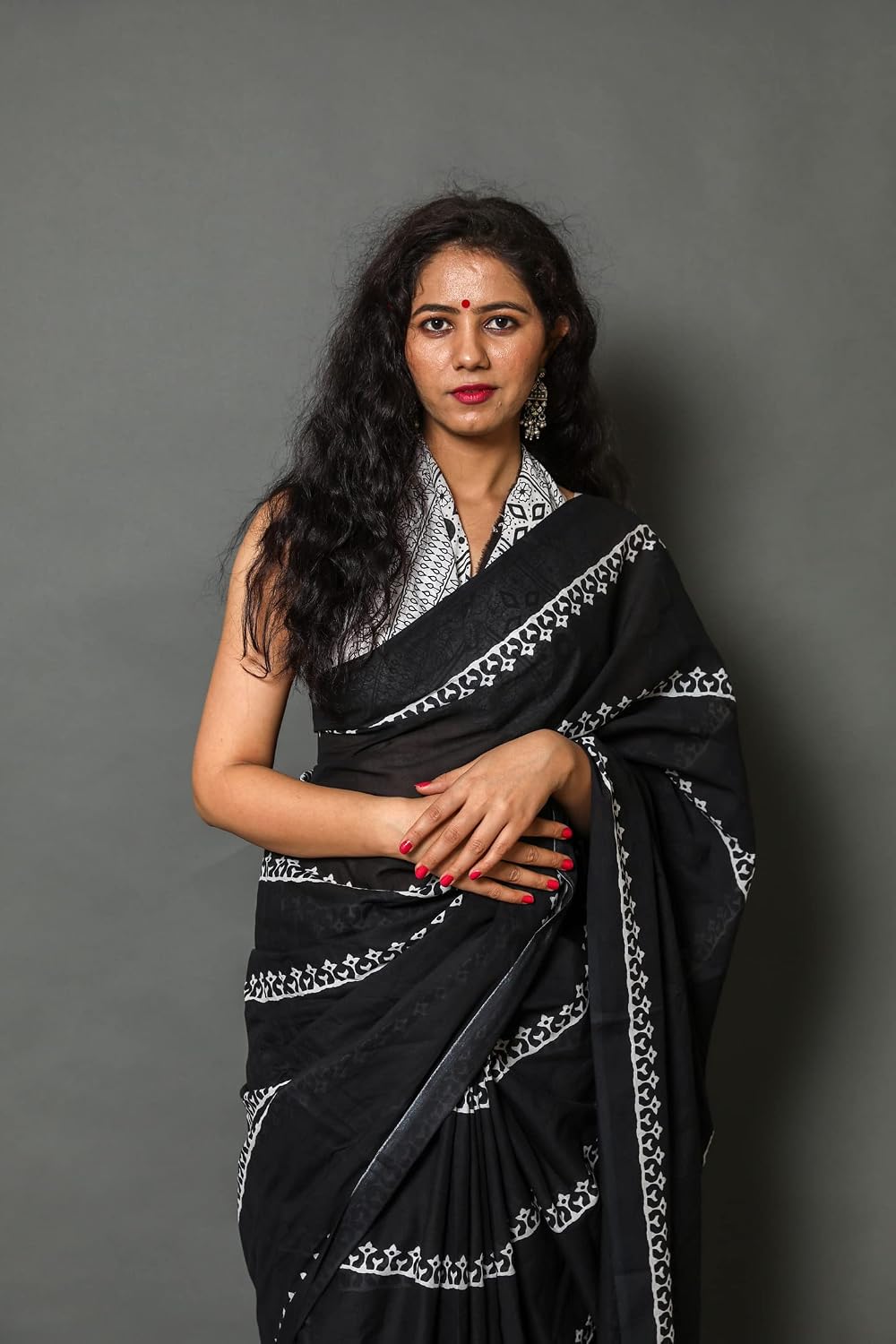 Classic Black and White Block-Printed Saree