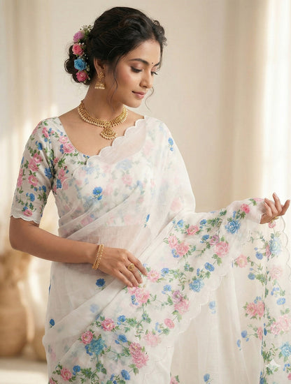 White Floral Printed Saree with Scalloped Edges