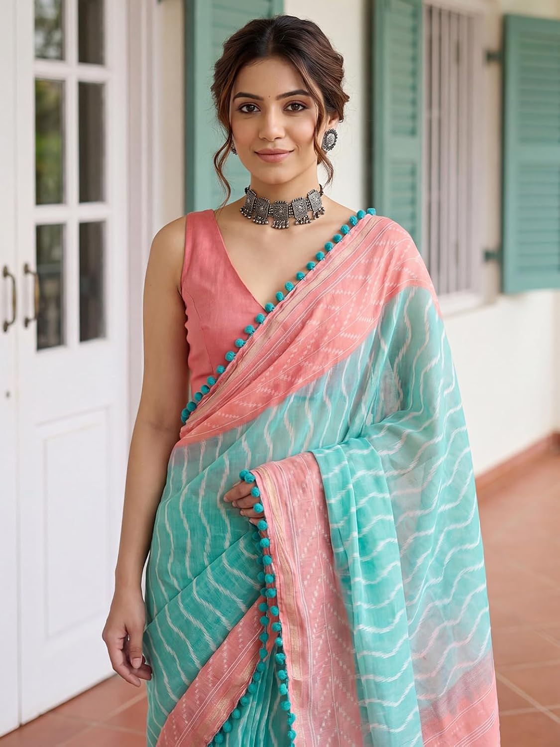 Aqua Blue and Peach Saree with Pom-Pom Lace