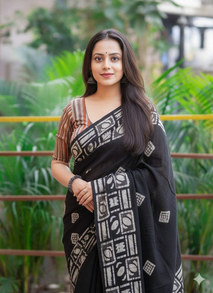 Black Batik Print Saree with Striped Blouse