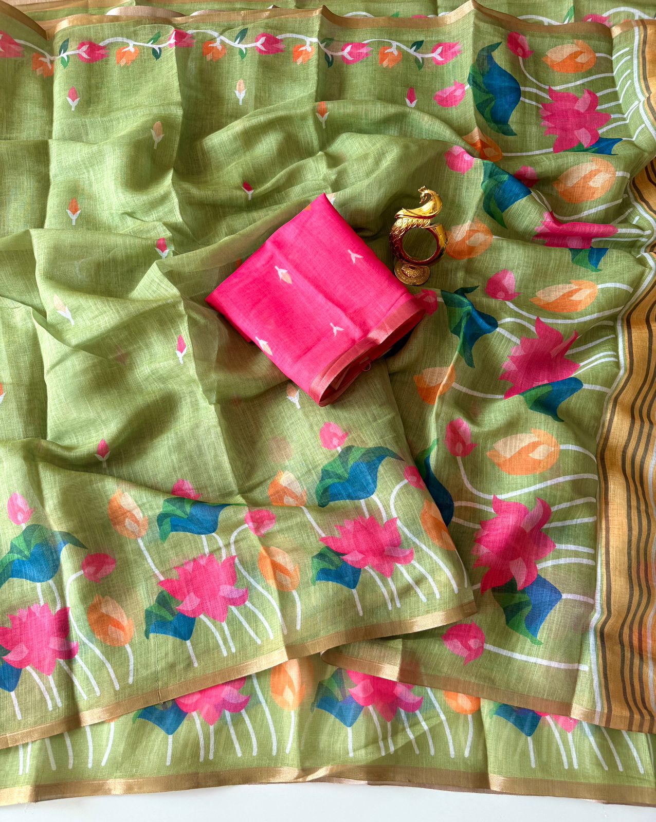 Light Green Linen Saree with Vibrant Lotus Prints