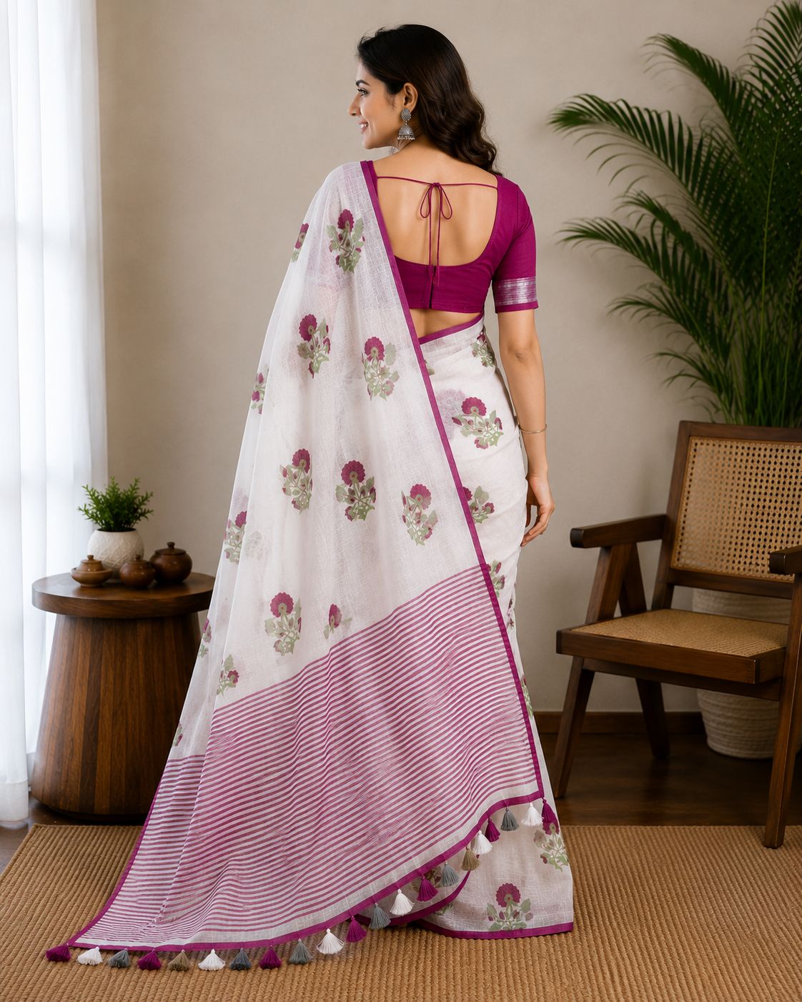 White Rose-Printed Linen Saree with Tassel Detail