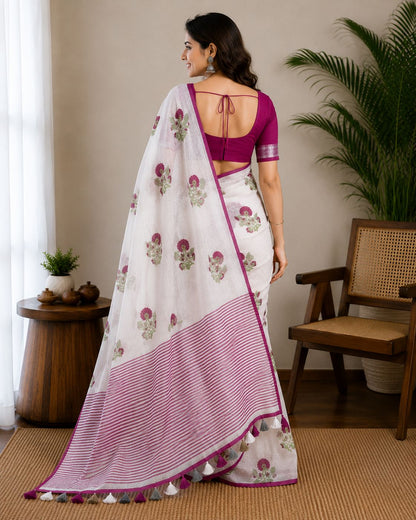 White Rose-Printed Linen Saree with Tassel Detail