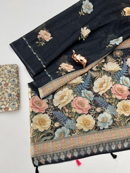 Black Botanical Print Linen Saree