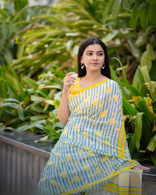 Refreshingly Bright Blue and White Striped Saree with Lemon Print