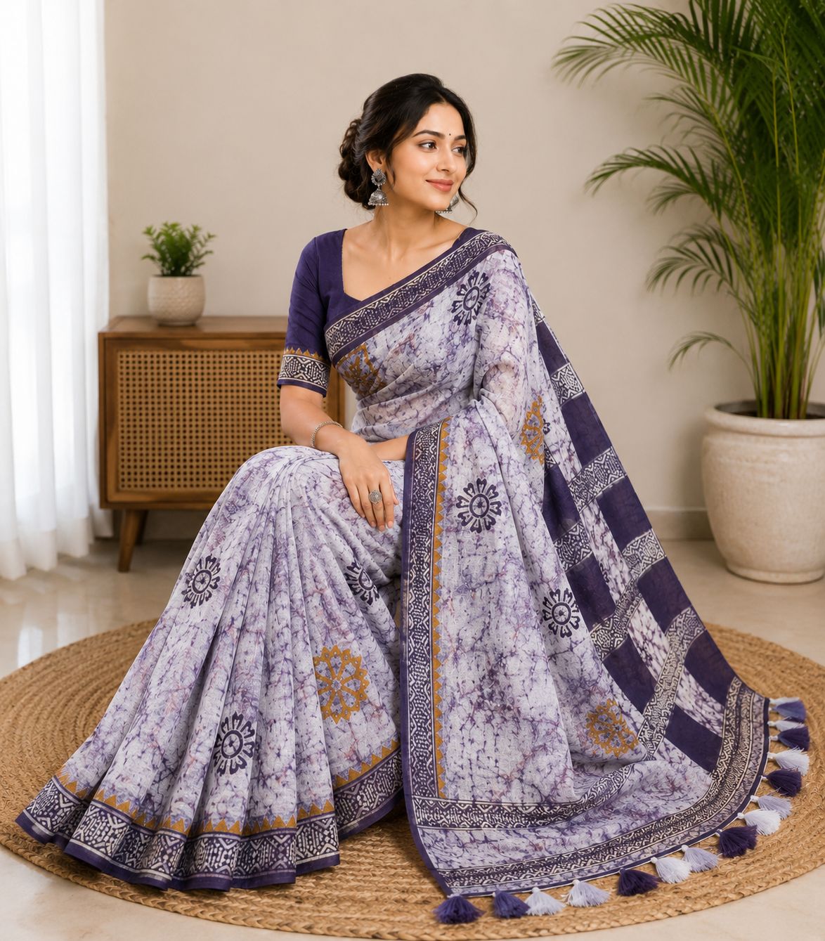 Lavender Hand-Block Printed Chanderi Cotton Saree